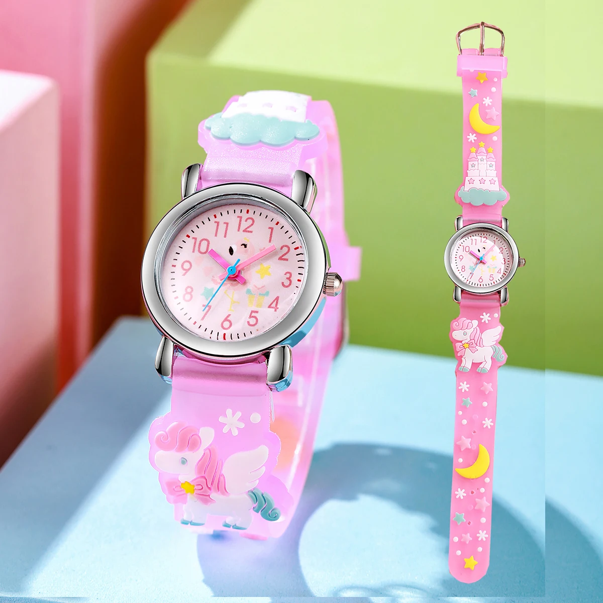 Cute and fashionable cartoon Pegasus pattern silicone watch band with a round alloy dial, children's quartz watch, suitable for