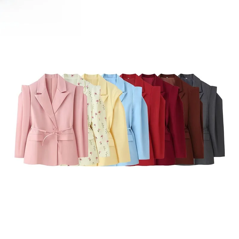 

Faionable Pure Color Belted oulder Pad Jaet Women's Street Sle Suit Coat Warm Long Sve Commute Appropriate