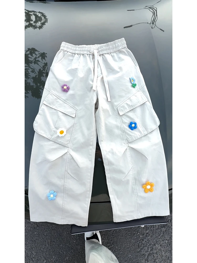 

Мужские летние повседневные брюки с цветочной вышивкой в американском стиле ретро, свободные широкие длинные брюки, рабочая одежда прямого кроя