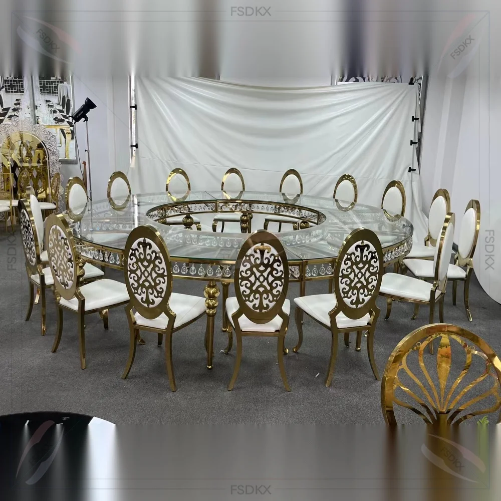 FSDKX Modern Luxury Event Table S Shape Serpentine Wedding Table Gold Stainless Steel Tempered Glass Top Wedding Tables
