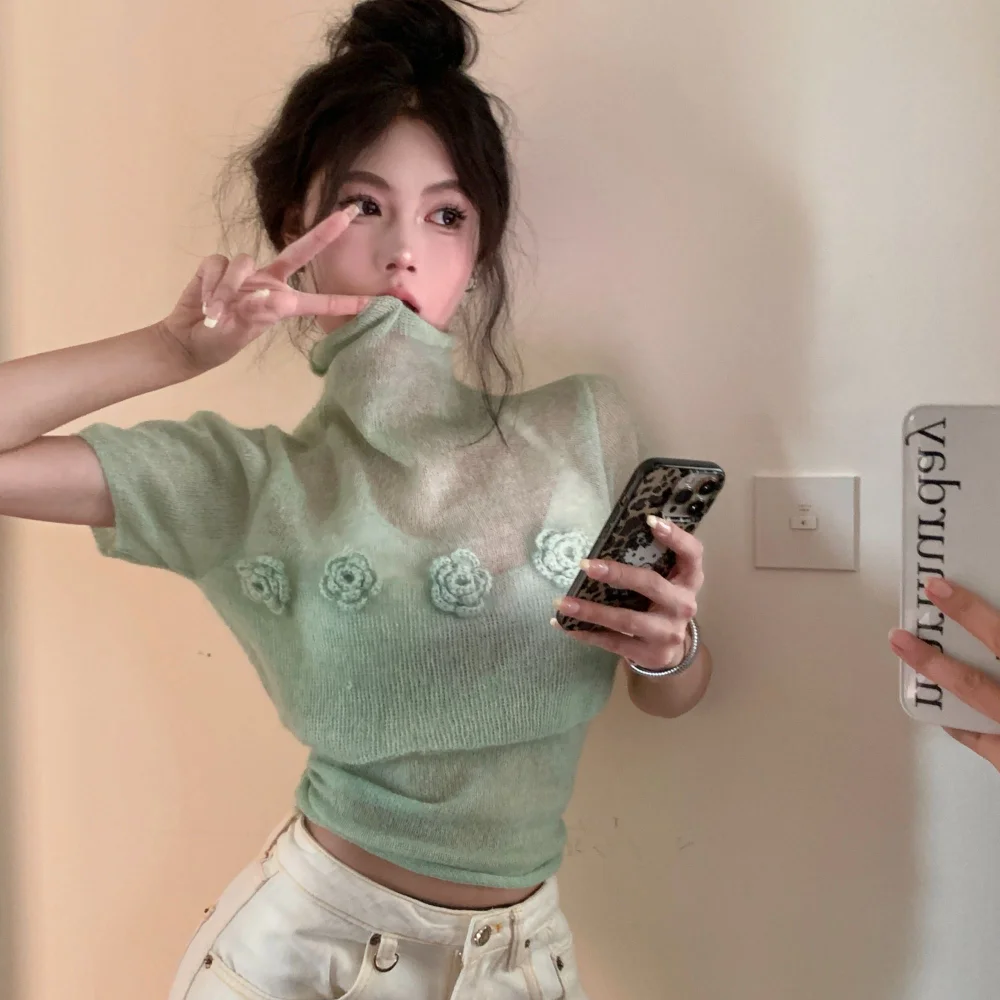 

Mint Green Semi-High Neck Short Sleeve T-Shirt 3D Floral Knitted See-Through Pure Sexy Slim Fit Spring Summer Casual Top