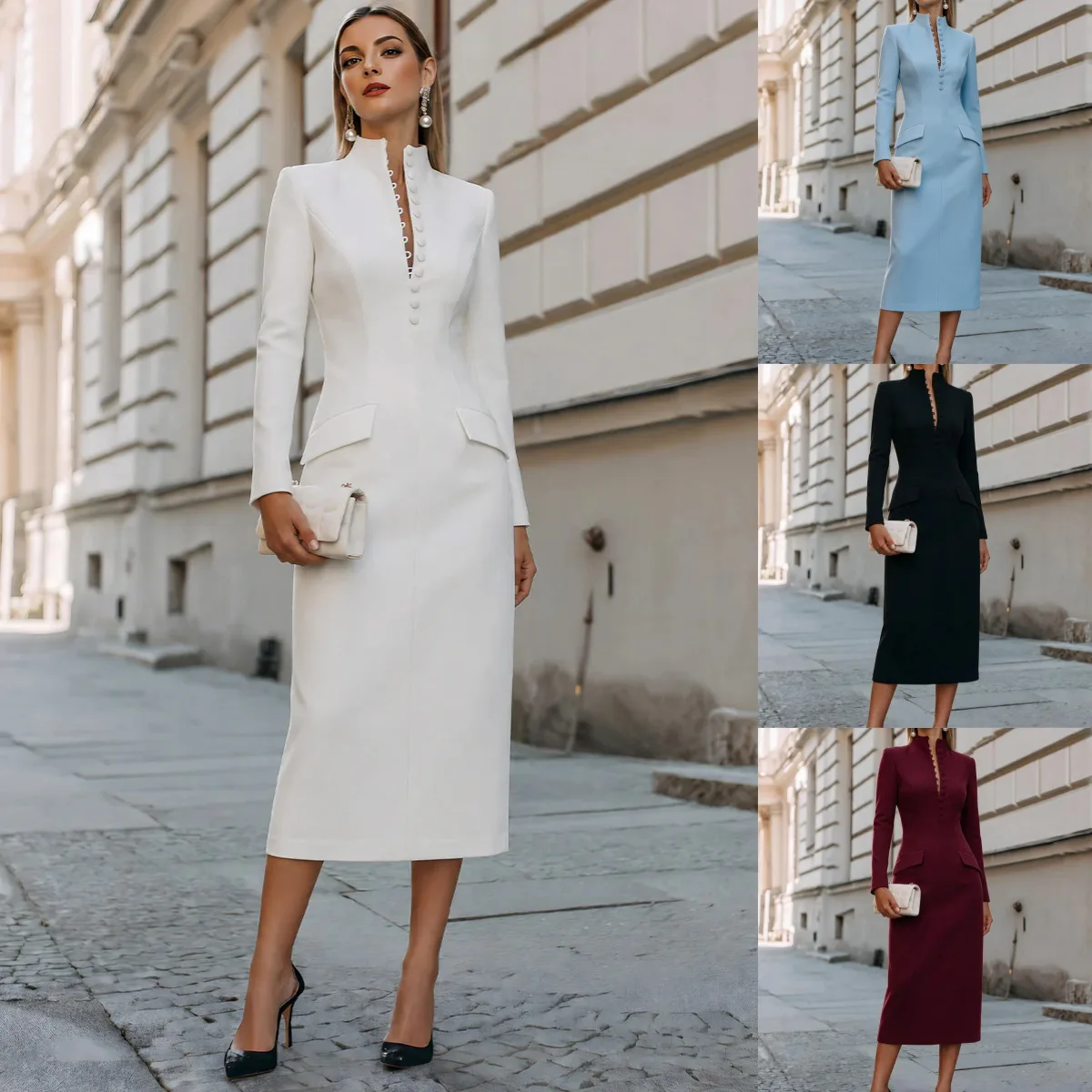 Women's Stand-collar Long-sleeve, Waist-cinching Mid-length Dress, Elegant And Slim-fit For Work Or Parts Dresses For Women Maxi