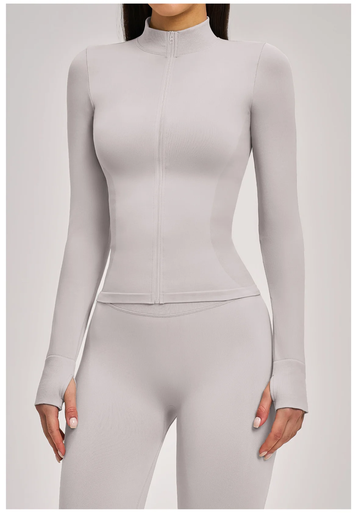 Women's Seamless Long Sleeve Yoga Top Ribbed High Neck Full Zip Slim Fit Sports Jacket Thumb Hole Workout Gym Running Activewear