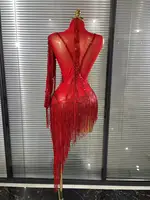 Black Red Women Sexy One Shoulder Shinning Crystal Sequins Tassels Bodycon Mid-calf Dress Nightclub Party Bar Dancer Costumes - Image 6