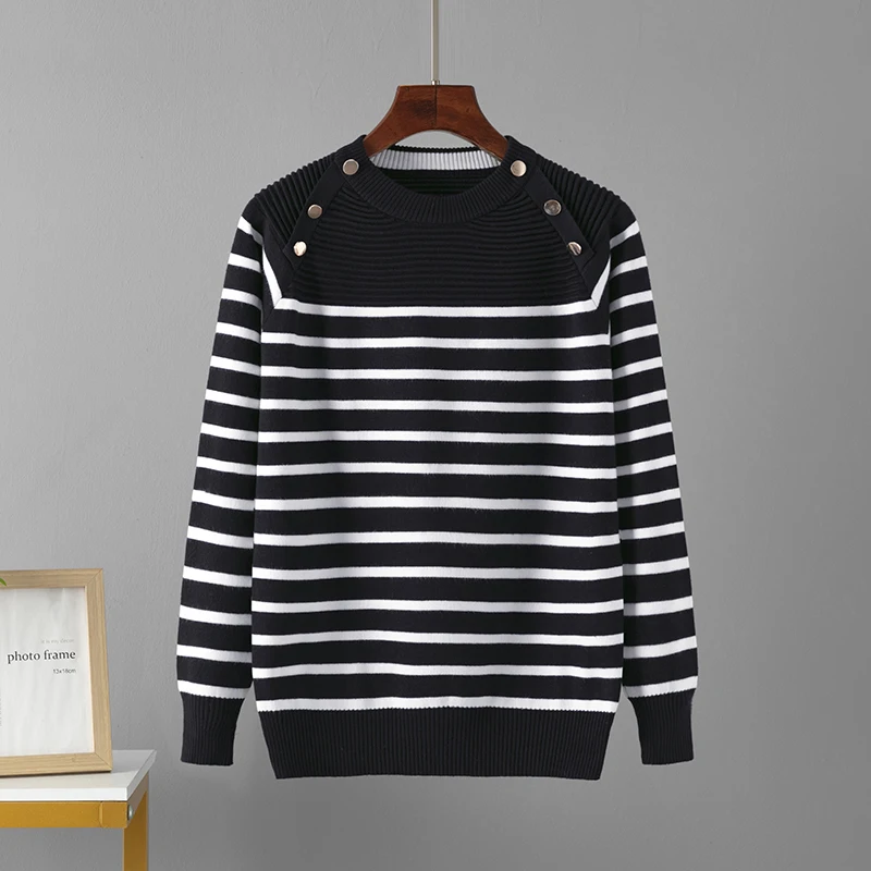 HLBCBG Stripe Jumper Long Sleeve Pink knitted Sweaters Women\'s Tops Autumn Winter O Neck Short Pullover Casual Puller Femme
