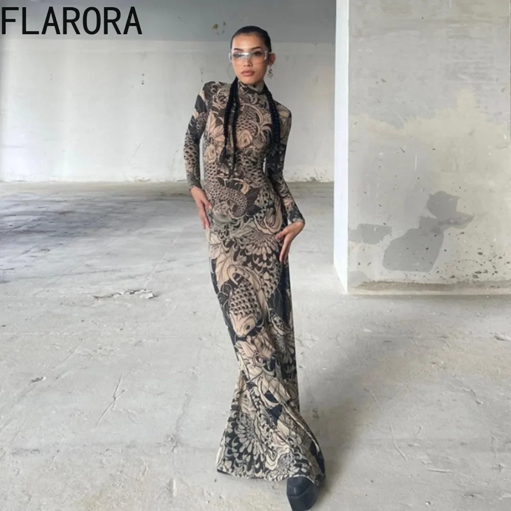 FLARORA Fashion Y2k Printing Mesh Dresses Woman Turtleneck Long Sleeve Bodycon Dress Female Party Club Vestidos Trend Streetwear