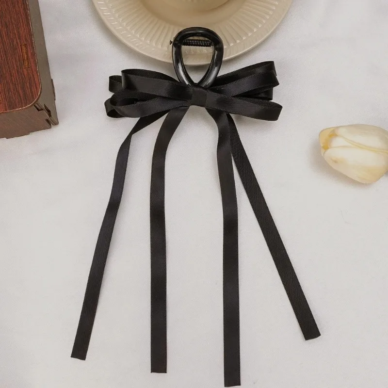 Black Long Bow Hairclips Women Vintage Long Ribbon Tassel Bowknot Hair Pin Trend Sweet Hair Braid Barrettes Headwear Accessories