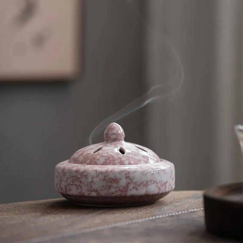 Ceramic Incense Burner Pink Speckled Glaze Censer Home Indoor Incense Holder for Coil Incense Tea Room Desk Decor Craft