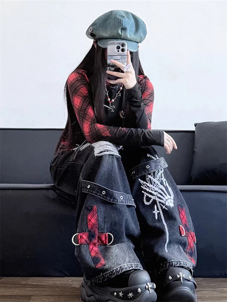 Women's Red Grid Splicing Holes Wide Leg Punk Street Jeans Cool Girl Style Trousers Casual Bottoms Female High Waist Denim Pants
