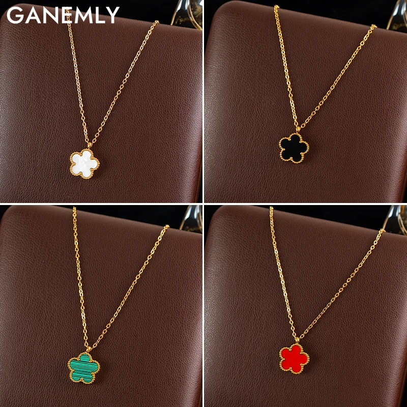 GANEMLY 316L Stainless Steel Five-Leaf Clover Pendant Necklace For Women Fashion Flower Dangle Neck Chain Waterproof Jewelry