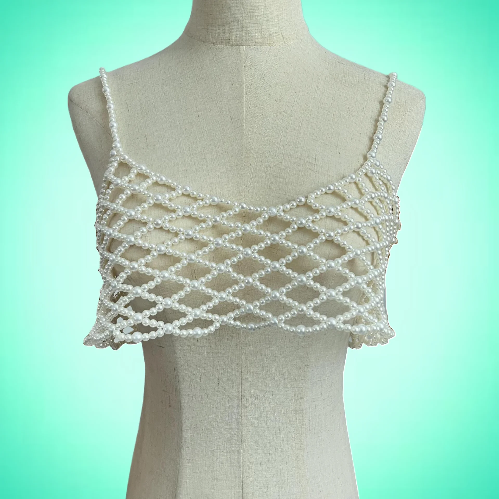 

Sexy Fashion Handmade Imitation Pearl Beaded Bodychain Tank in Ivory