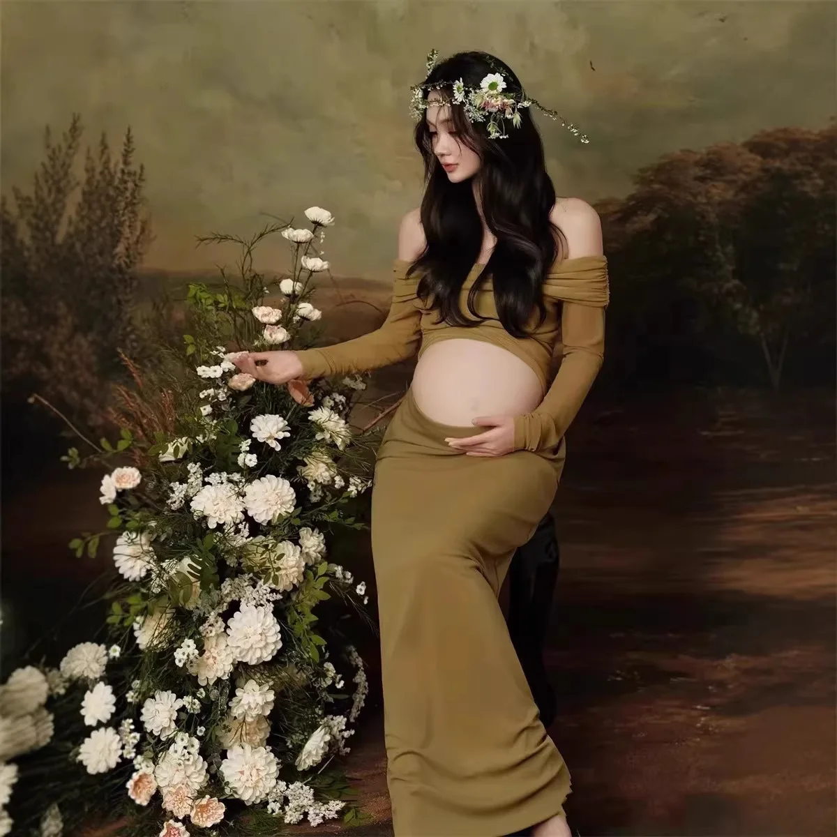 Women Maternity Dress for Photoshoot Brown Off-shoulder Top with Skirt 2pcs Set for Pregantcy Studio Photography Clothing