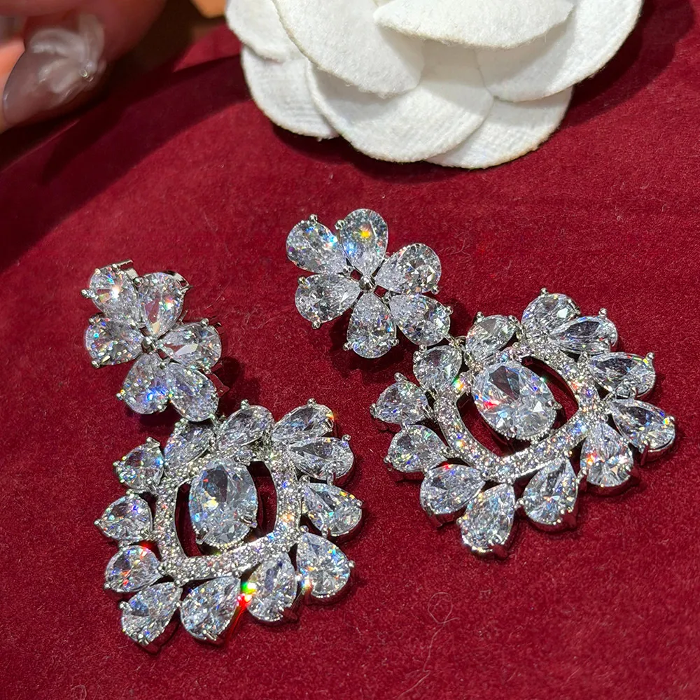 Korean Fashion New Long Zircon Flower Light Luxury Fringed Earrings