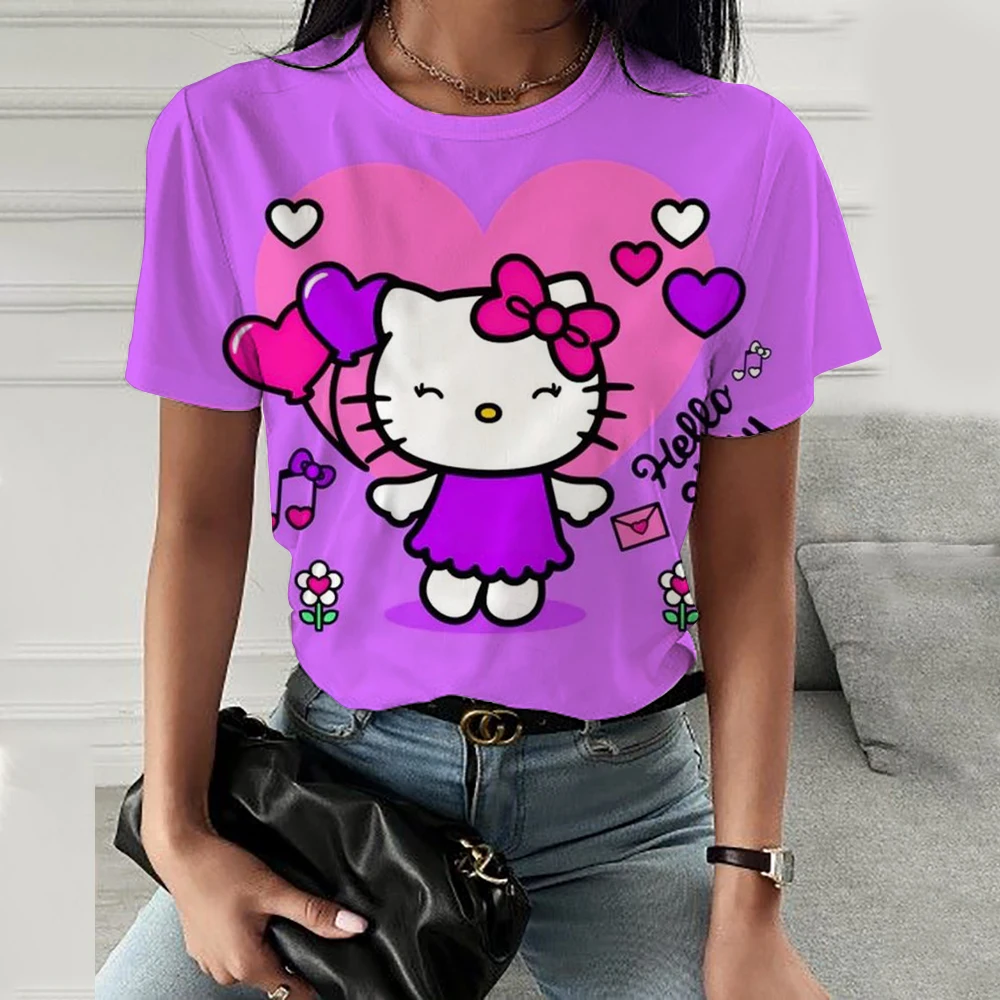 2024 Summer O Neck Tops Women's Hello Kitty Kuromi print T-Shirt Fashion Women's T-Shirt Harajuku Style Top Harajuku Kawaii