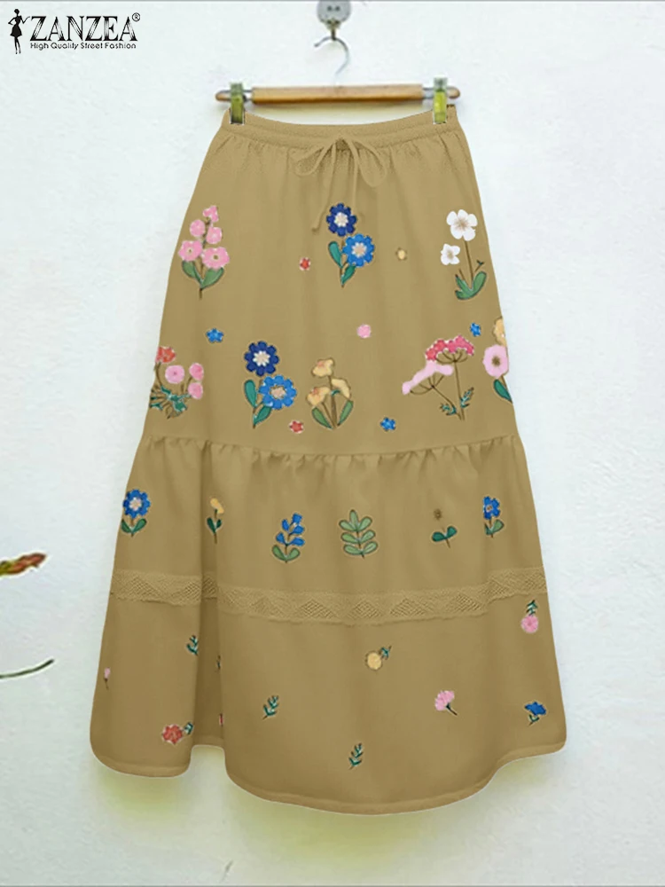 

ZANZEA Women A-Line Skirts Elastic Waist Long Jupes Faldas Saia 2025 Fashion Autumn Casual High Waist Pleated Lace Maxi Skirts