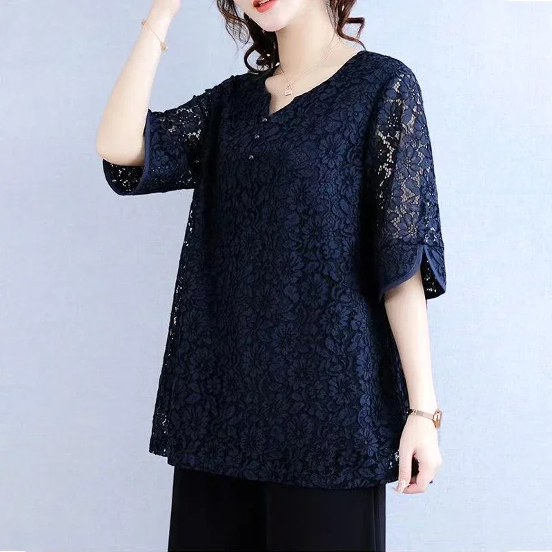 Round Neck T-Shirts Temperament Short Sleeve Button Lace Hollow Out Solid Summer Thin Fashion Elegant Women's Clothing V453