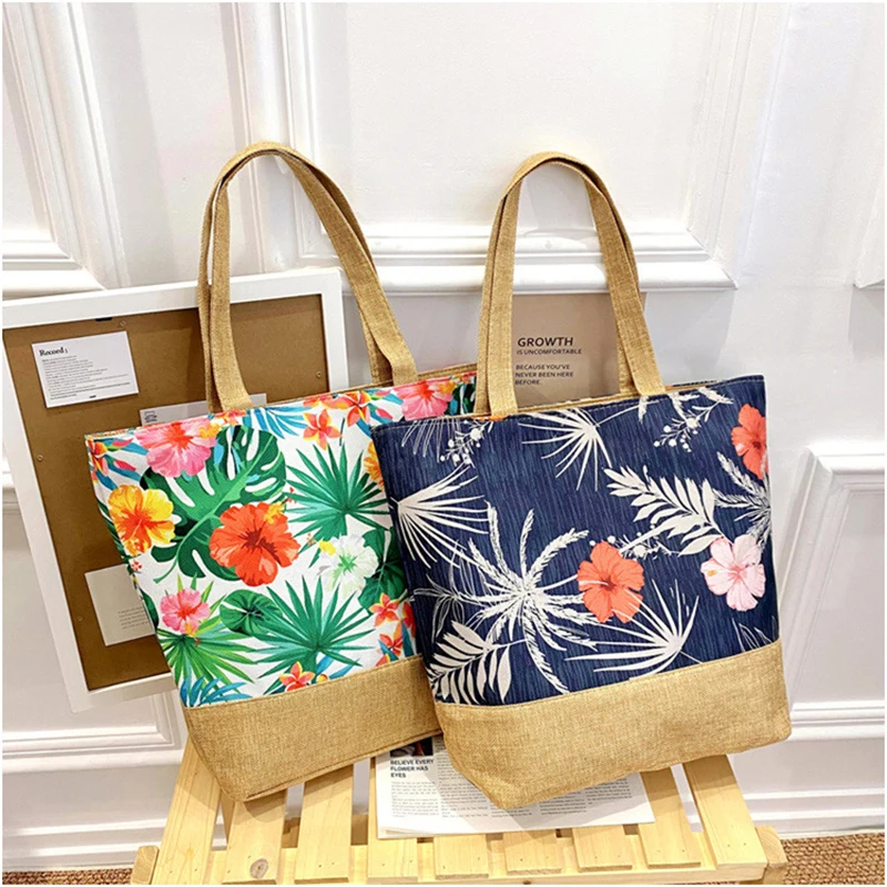 Women\'s Messenger Bag Leaves Printed Canvas Handbags Large Capacity Totes Fashion Ladies Portable Zipper Beach Shoulder Bag