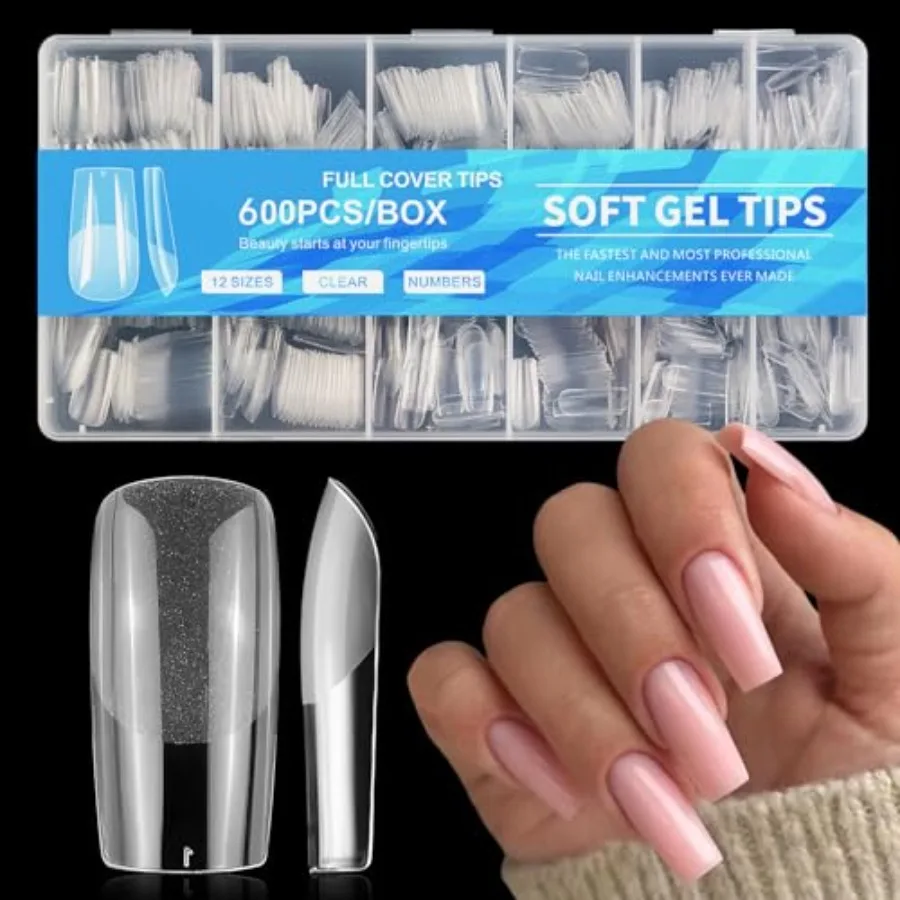 

600pcs Square Nail Tips, Medium Gel Nail Tips Square Clear Fake Nails Full Cover Acrylic Nails Tips for Nail Extensions Manicur