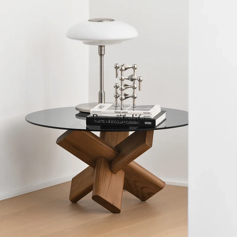 LD33Nordic Simple Silent Teak Solid Wood Glass Coffee Table Living Room round Side Table