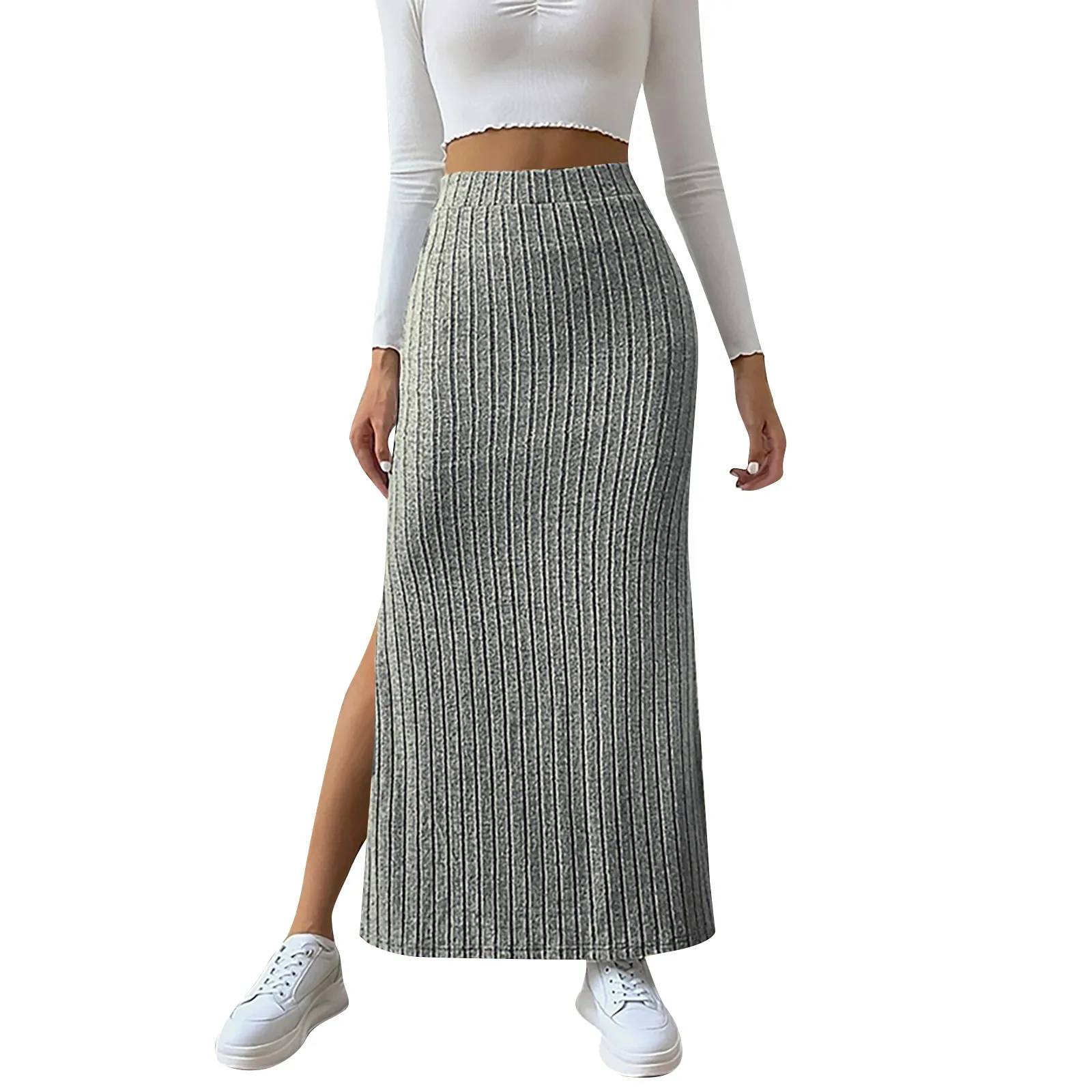 Summer Ladies\' New Fashion Solid Color Plaid Patchwork Side Slit Slim Fit Knit Skirt Sexy High Street Daily Date High Dress