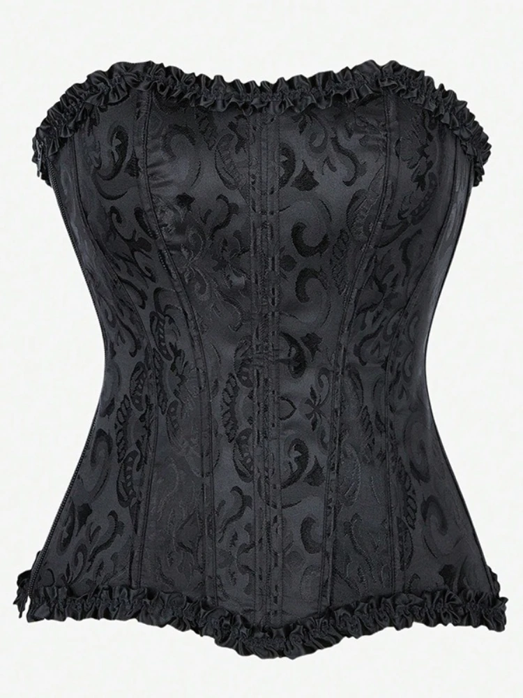 

SsTss винтажный укороченный топ для женщин, модный черный топ с цветочным принтом и рюшами по подолу, без бретелек, готическое бюстье на шнуровке с застежкой-молнией, топы на костях