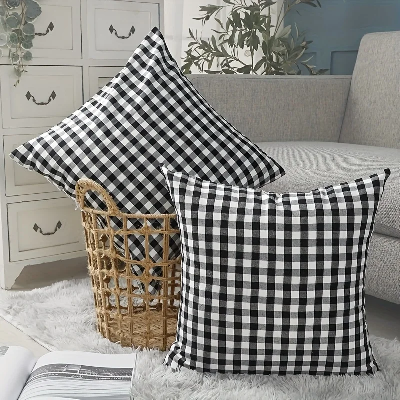 2pc Black White Gingham Plaid Throw Pillow Covers Set of 2, Farmhouse Square Cushion Cases for Home Sofa Bedroom Decor