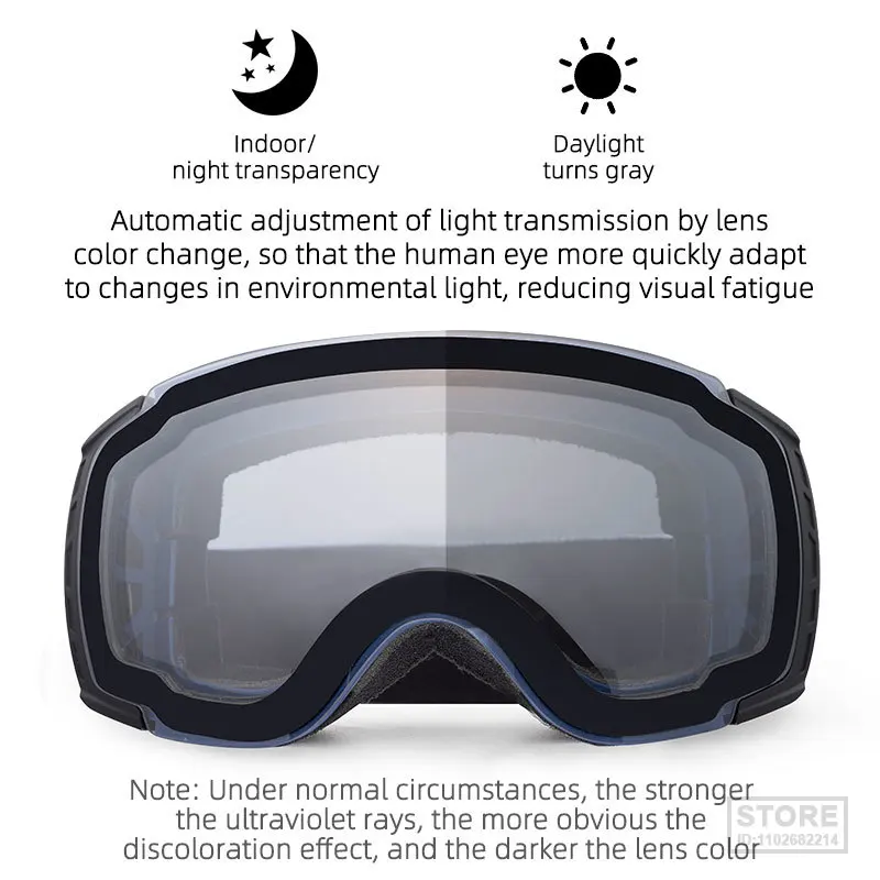 ROCKBROS Ski Goggles Anti-fog Double Layer Lenses for Men and Women Color Changing Windproof Large Frame Snow Glasses Equipment