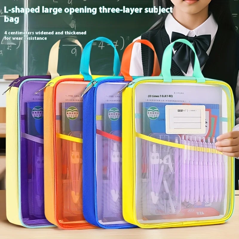 

3 Layer A4 Document Organizer Bag,Transparent Front & Side Pockets,Durable Nylon File Folder for Office Papers,Pens & Notebooks