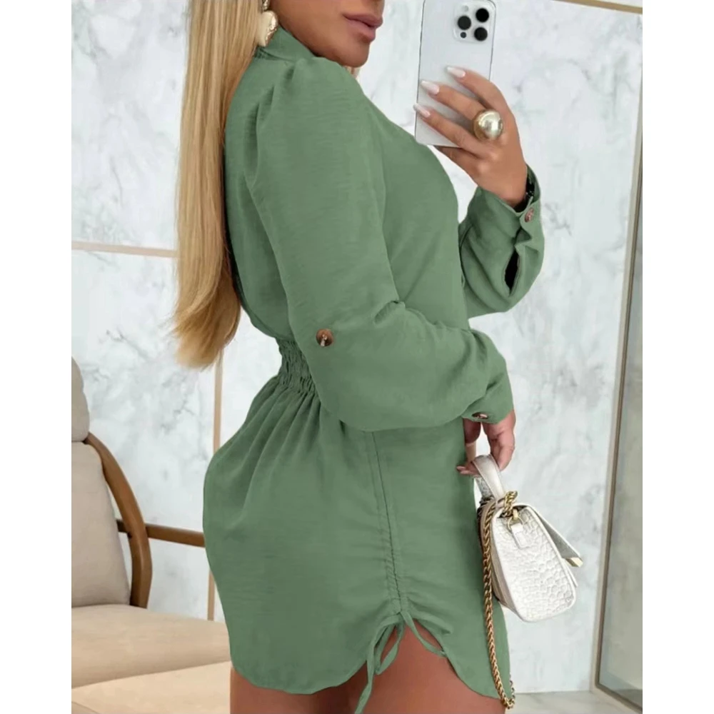 Summer Women Side Drawstring Buttoned Roll Up Sleeve Shirt Dress Party Casual Turn-down Collar Asymmetric Dress Streetwear