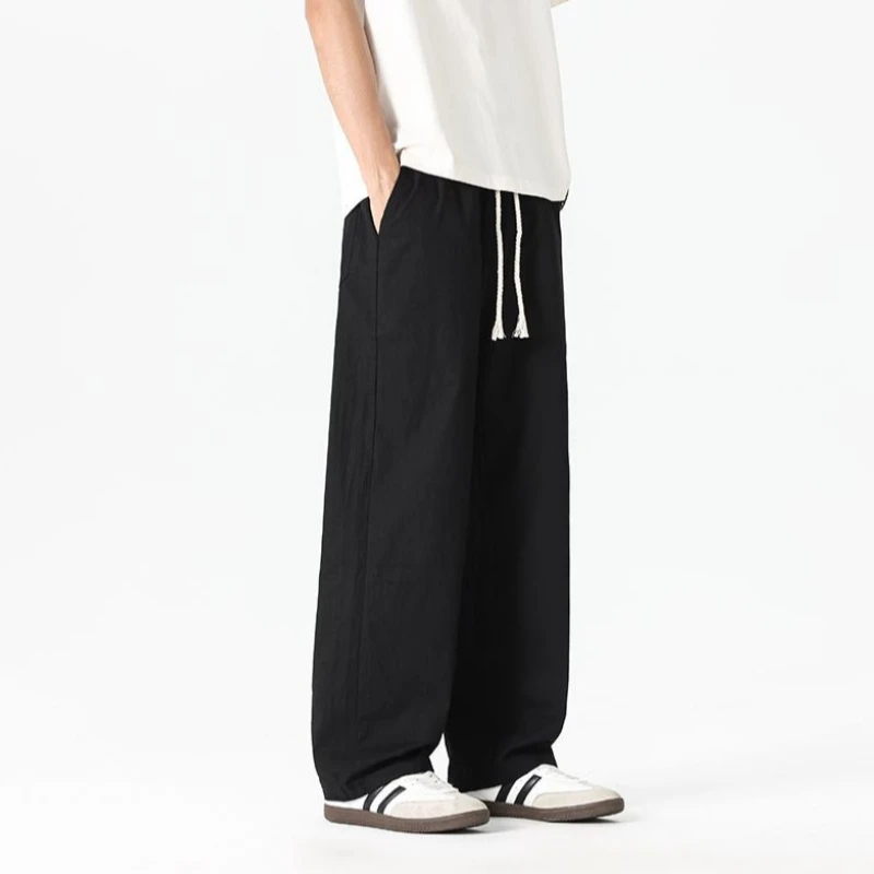 Men Japanese Minimalist Cotton Linen Pants Summer Loose Straight Casual Trousers Men's Wide Leg Long Pants