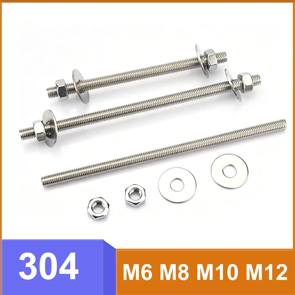 M6 M8 M10 M12 Stud Rods Screws 304 Stainless Steel Full Threaded Rod Nut Set Includes 2 Flat Washers/2 Hex Nuts Length 150-500mm