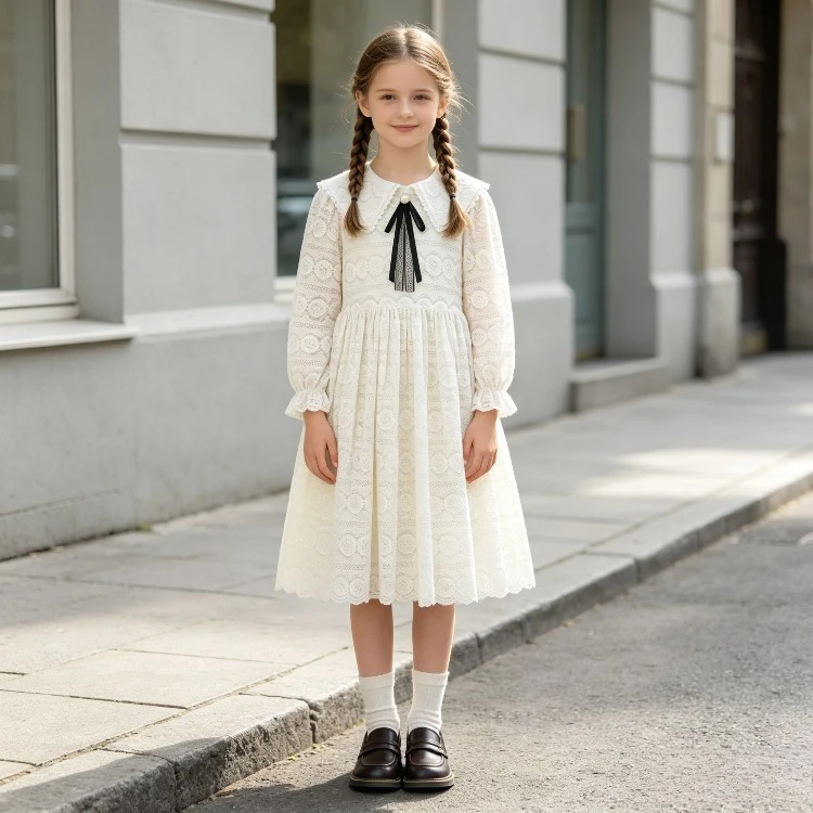Girls Eyelet Lace Dress Ruffle Collar Black Bow Long Sleeve Pleated Hem Vintage French Style Kids 4-12 Years Party Daily Wear