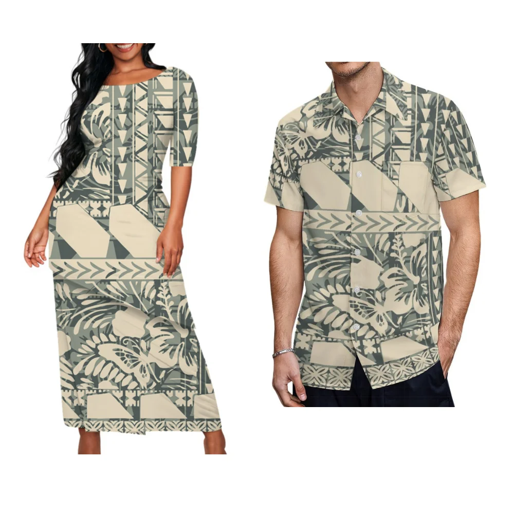 2024 Polynesian New Ladies Puletasi Custom Matching Men\'S Shirt Samoa Vintage Art Maxi Dress Set Samoa Couple Set