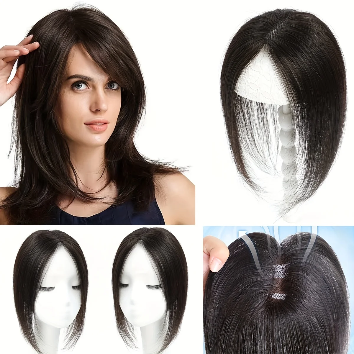 10inch  Hair Toppers for Women with Thinning Hair Real Human Hair Silk Base with Bangs Toppers Hair for Women Clip in Hair Toppe