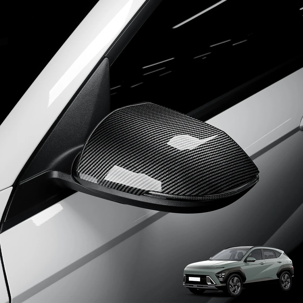 Carbon Fiber Bright Black Rear View Mirror Cover Door Side Reverse Mirror Cap Trim For Hyundai Kona SX2 2024-2026 Exterior Parts