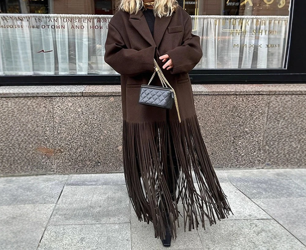 

2025 Early Autumn New Product Solid Color Lapel Tassel Splicing Long Windbreaker Jacket