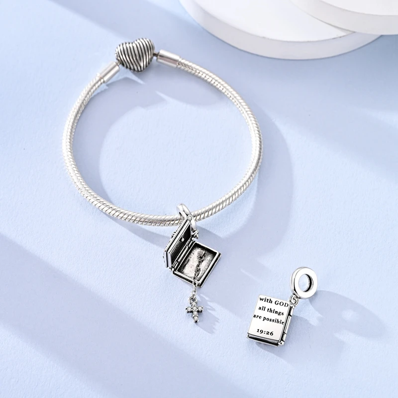 Original 925 Sterling Silver Charm Bead Openable the Holy Bible Pendant Fit Original Bracelet For Women Men DIY Jewelry Gift