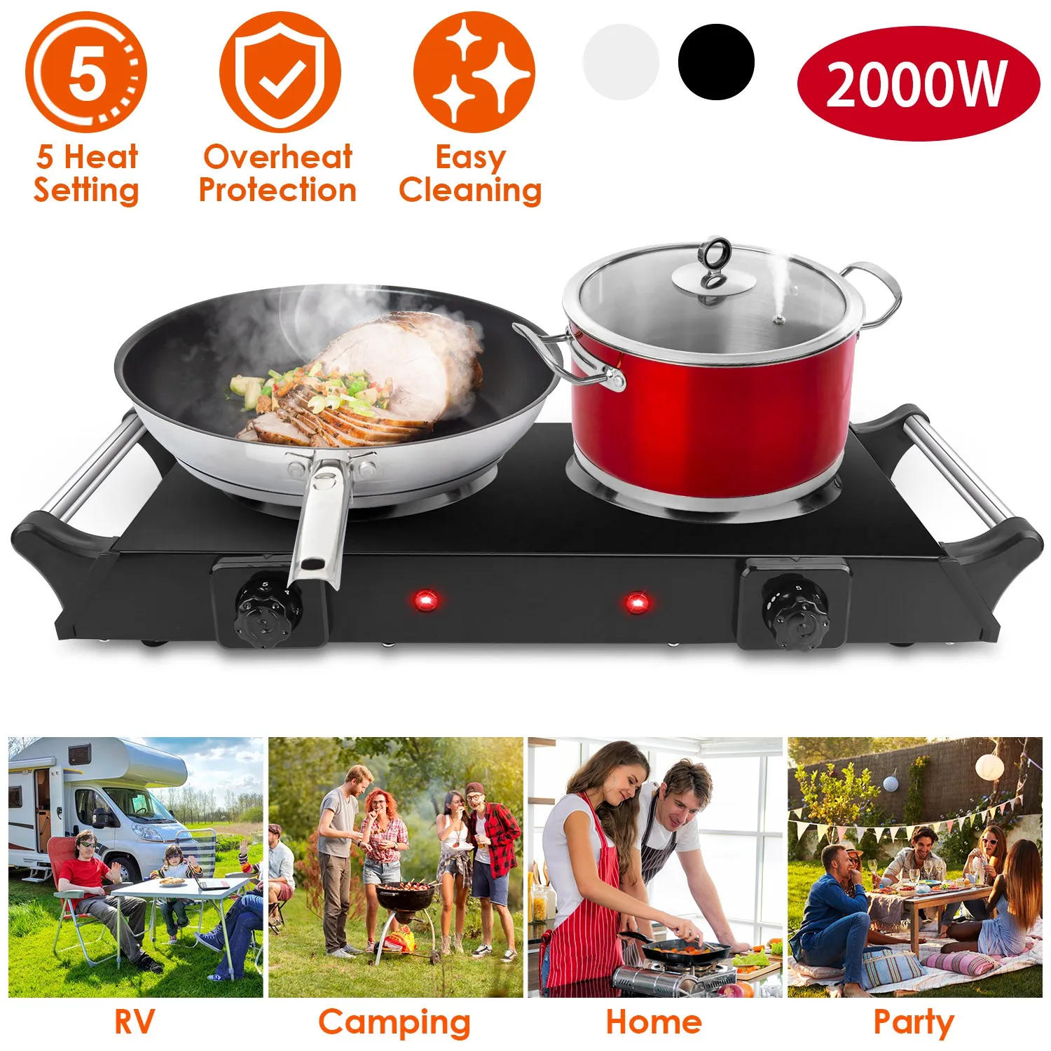 

Dual Burner Electric Hot Plate, 5 Gear Adjustable Temp 200-500℃, 2000W Portable Countertop Stove, Fast Heating & Easy Cleaning
