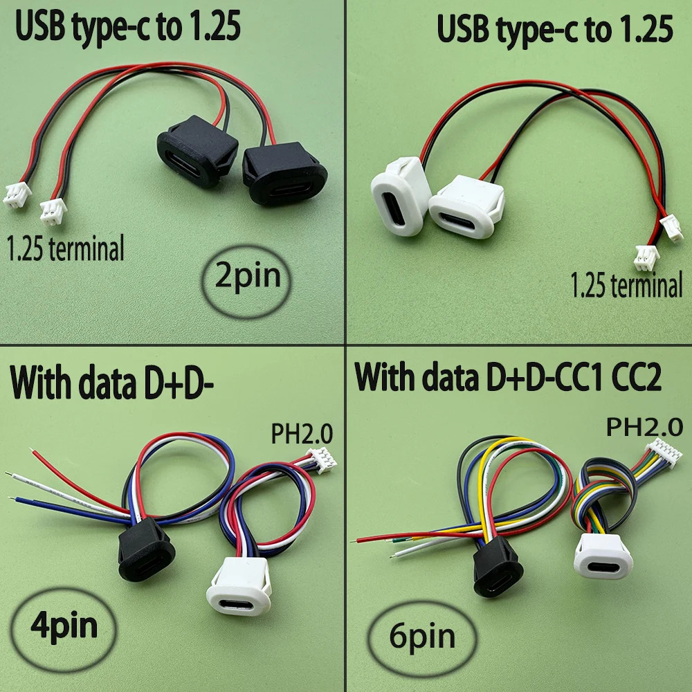 25pcs Type-C 2P 4P 6P snap-in direct pressure socket USB connector with cable PH2.0mm with data D+D-CC1 CC2 Be waterproof socket