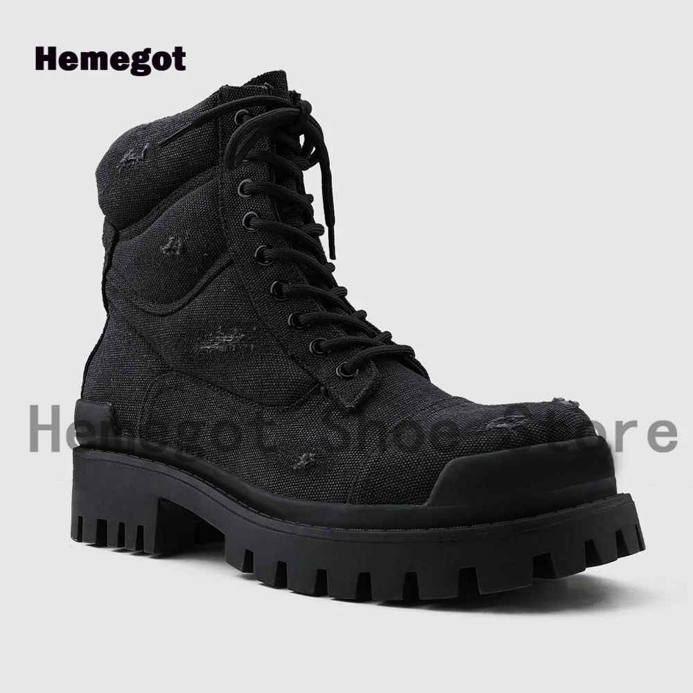 Black Grey Denim Men\'s Boots Designer Stylish Lace-Up Booties Males High-Top Wear-Resistant Luxurious Handmade Men\'s Shoes