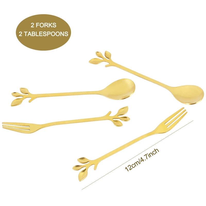 Tableware Gold Leaf Coffee Spoon Fork,4 Pack(2 Spoons 2 Forks) Little Demitasse Espresso Spoon And Appetizer Dessert Forks Set,4