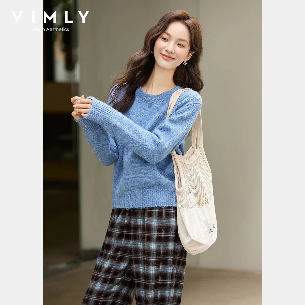

VIMLY Women's Two-Piece Knit Set 2025 Autumn Round Neck Sweater Pullover & Plaid Wide Leg Trousers Casual Comfort Outfit A3000