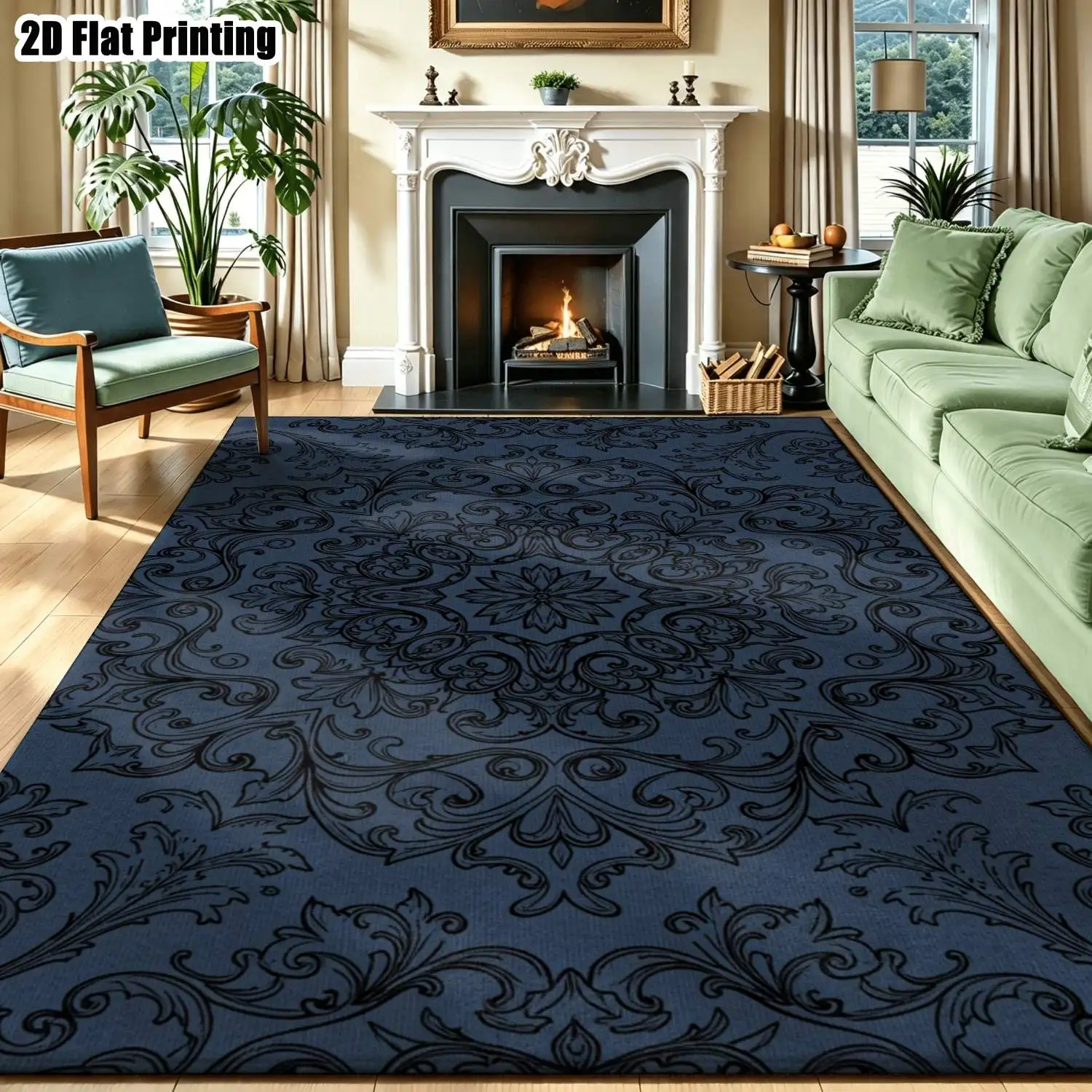 1Pc 2D Printed Navy Blue Retro Scroll Pattern Carpet, European Style Retro Floor Mat, Home Decor, Multi-Size, Machine Washable, for Entrance, Dining, Foyer, Study, Living Room, Bedroom