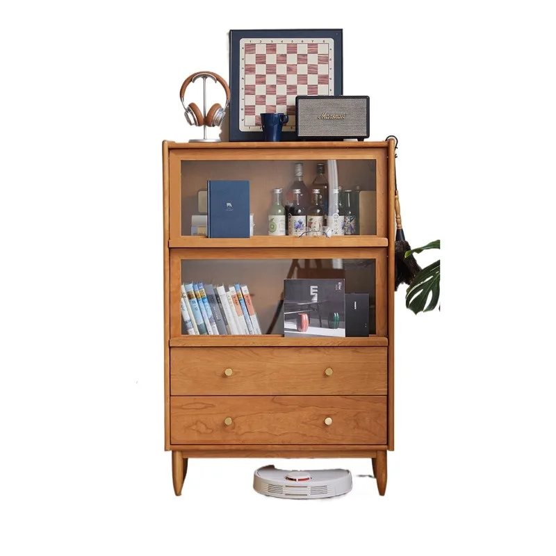 Cherry wood shutter bookcase, solid wood dining side cabinet with light, storage