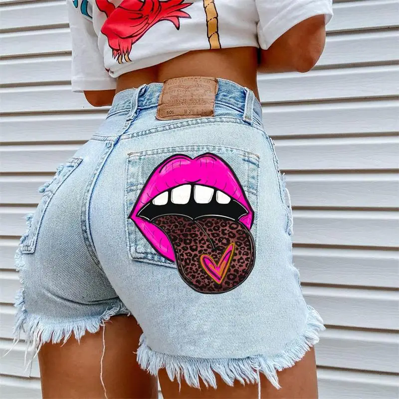 

Women's Denim Shorts 2024 Summer New Tongue Print European And American Vitality Youth Casual Plus Size Shorts