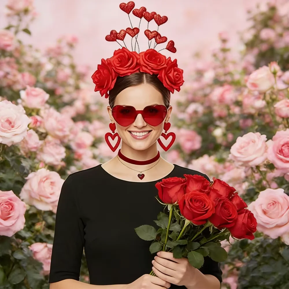 PESENAR Valentinstag Rote Rose Herz Zubehör Set Stirnband Halsband Brille Ohrringe