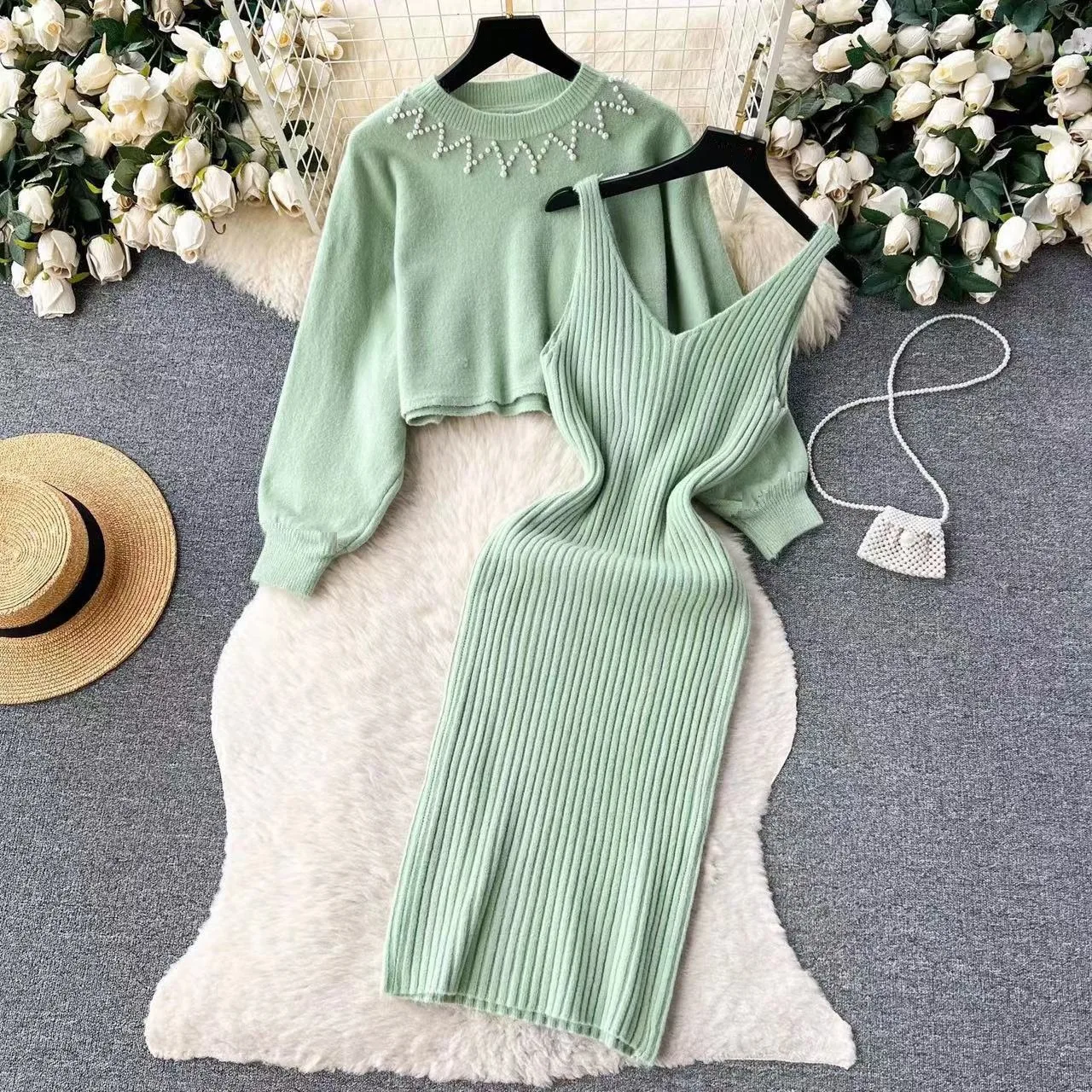 Winter Women Knitted Sets Fashion Breading Long Sleeve Pearl Sweater+Knitted Camis Dress Sets Fashion Sweater Suits