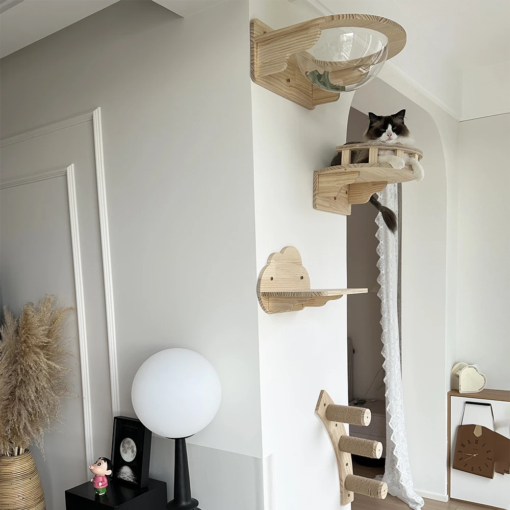 Wall mounted cat jumping platform with felt clouds solid wood cat wall mounted home curved segmented cylindrical cat ladder