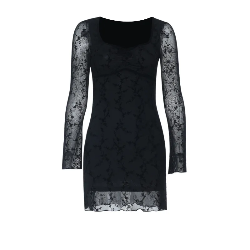 YL25287 Vestido bodycon sexy de manga comprida com decote em coração e cintura transparente 2025 outono