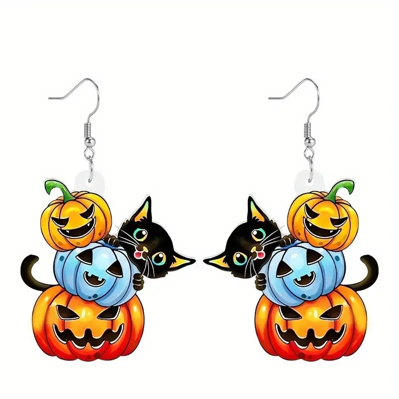 New Halloween Black Cat Three Pumpkin Earrings for Women and Girls Holiday Gift Accessories Large Pendant Wholesale